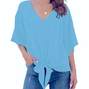 Women’s Light Blue V- neck Batwing top with front tie Size XXL